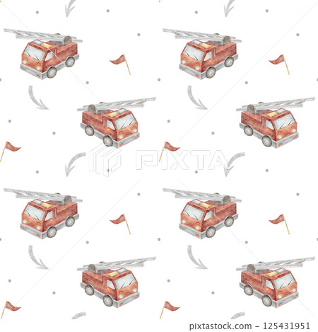 Pattern fire engine, flag, arrow, car boy. Watercolor illustration hand drawn in cartoon style. Seamless print children on background for textile, fabric, packaging, wallpaper, clothes, birthday card Pattern fire engine, flag, arrow, car boy. Watercolor illustration hand drawn in cartoon style. Seamless print children on background for textile, fabric, packaging, wallpaper, clothes, birthday card 125431951