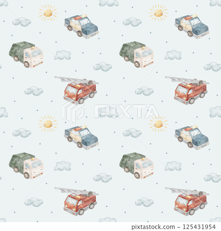 Watercolor pattern car for a boy, sun in clouds. Illustration hand-drawn on a blue pastel background in cartoon style. Seamless print children's, fabrics, baby clothes, textiles, packaging, wallpaper Watercolor pattern car for a boy, sun in clouds. Illustration hand-drawn on a blue pastel background in cartoon style. Seamless print children's, fabrics, baby clothes, textiles, packaging, wallpaper 125431954
