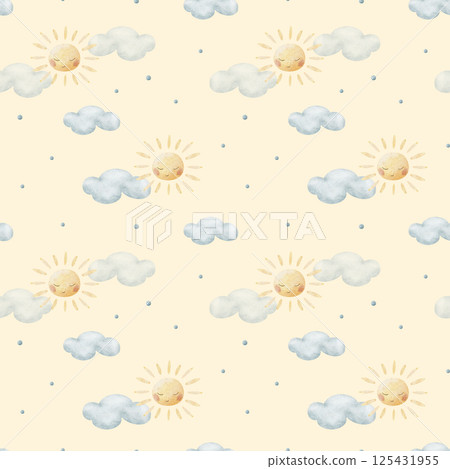Watercolor pattern children's sun in blue clouds. Illustration hand-drawn on yellow pastel background in cartoon style. Seamless print, fabric, baby clothes, textiles, packaging, wallpaper, holiday Watercolor pattern children's sun in blue clouds. Illustration hand-drawn on yellow pastel background in cartoon style. Seamless print, fabric, baby clothes, textiles, packaging, wallpaper, holiday 125431955