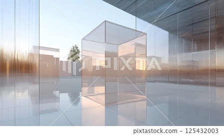 A cube is in a room with a lot of glass 125432003