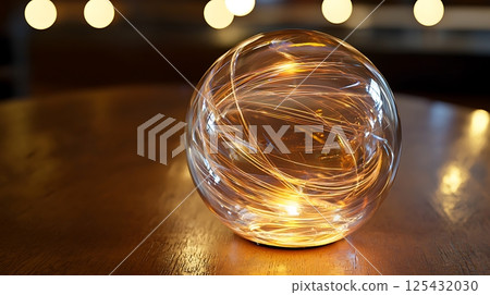 A glass sphere with a light inside of it sits on a wooden table A glass sphere with a light inside of it sits on a wooden table 125432030