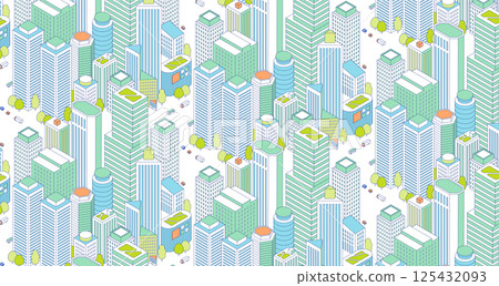 城市景觀無縫圖案。高樓林立的城市景觀插圖。辦公大樓和商業大樓。 125432093