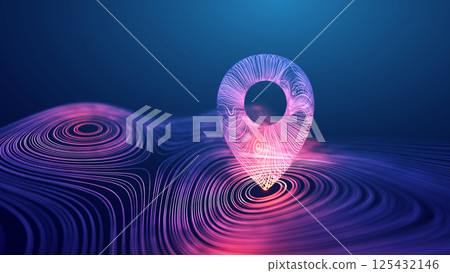 Futuristic digital location pin with neon glowing lines on an abstract wavy surface, representing GPS navigation, global positioning, and technology concepts in vibrant blue and pink hues. 125432146