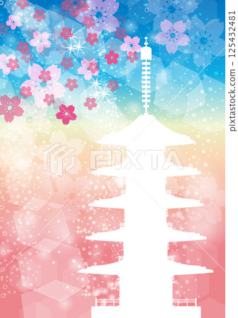 Japanese style illustration of spring Japanese image: Sakura flurry and five-story pagoda, Kyoto, Nara 125432481
