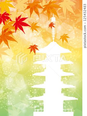 日式秋季插畫日本形象：秋葉與五重塔，京都，奈良 125432483