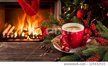 A red coffee cup rests on a wooden table decorated for the holidays by a flickering fire 125432533