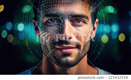 Advanced facial recognition technology analyzes features in a vibrant city setting at night Advanced facial recognition technology analyzes features in a vibrant city setting at night 125432559