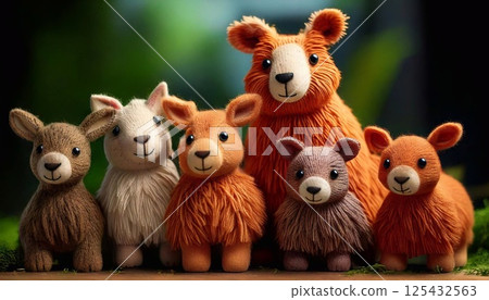 Handcrafted felt animals showcase a variety of colors and textures in a charming arrangement 125432563