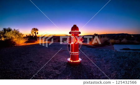A neon fire hydrant glows as the sun sets over the desert, creating a striking scene A neon fire hydrant glows as the sun sets over the desert, creating a striking scene 125432566