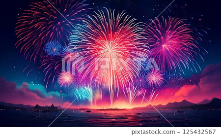 Colorful firefly fireworks dance above calm waters on a summer evening 125432567