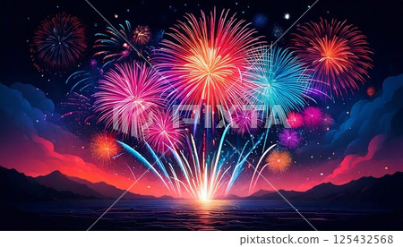 Fireworks light up the night sky over a calm lake in a colorful celebration 125432568