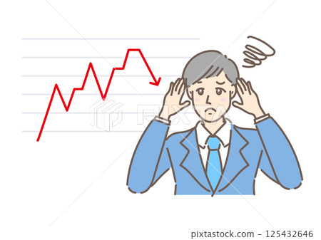 一位商人看著商業圖表，對數字的下降感到不安，他抱著頭，陷入沉思 125432646