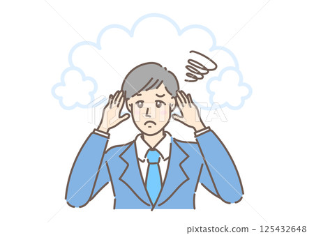 A businessman who is faced with work problems and troubles, has a troubled expression, holds his head and thinks deeply A businessman who is faced with work problems and troubles, has a troubled expression, holds his head and thinks deeply 125432648