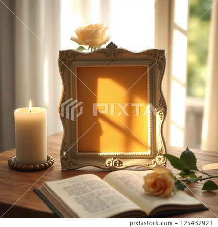 Elegant memorial frame with candles flowers and books in warm natural light by a window 125432921