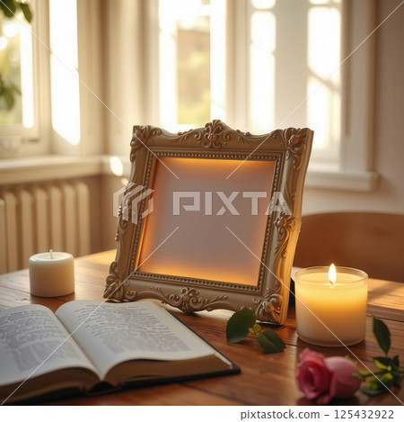 Elegant memorial frame with candles flowers and books in warm natural light by a window Elegant memorial frame with candles flowers and books in warm natural light by a window 125432922