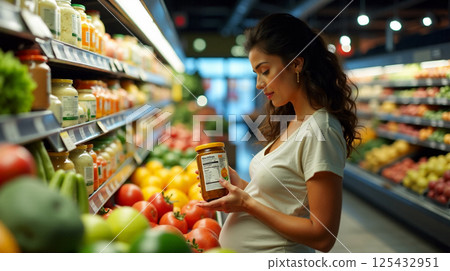 Pregnant woman examines baby food labels in grocery store surrounded by fresh fruits and vegetables 125432951