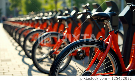 Line of bicycles made from recycled metal frames at a public bike share station with dramatic shadows Line of bicycles made from recycled metal frames at a public bike share station with dramatic shadows 125432952
