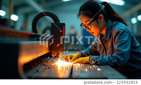 Middle aged Asian woman operates precision laser cutter in metalworking factory during daytime 125432953