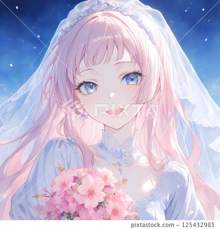 冬日新娘。身穿純白色婚紗的粉紅色頭髮的女孩。漫畫風格的AI插圖 125432985