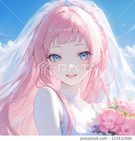 夏日新娘。身穿純白色婚紗的粉紅色頭髮的女孩。漫畫風格的AI插圖 125432986