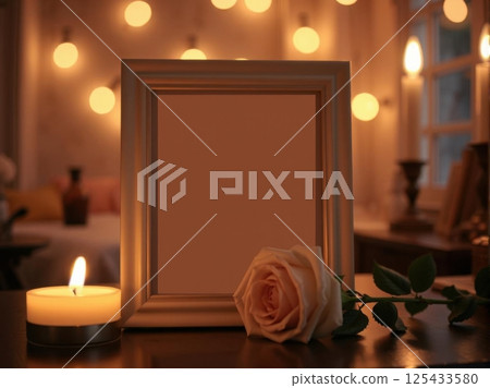 Blank picture frame with candles and roses in warm candlelight for memorial or remembrance 125433580