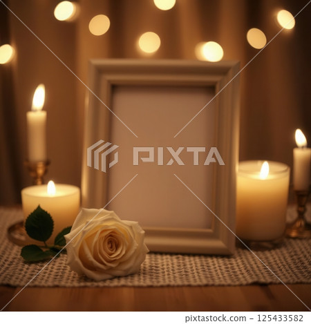Blank picture frame with candles and roses in warm candlelight for memorial or remembrance 125433582