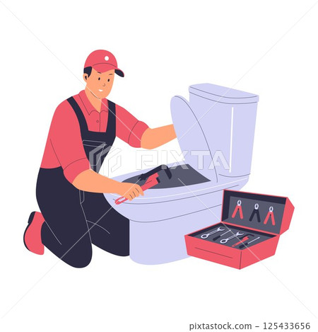 Plumber Fixing Toilet with Tools Illustration 125433656