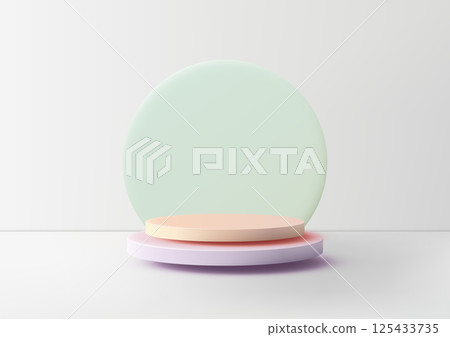 3D peach toned cylindrical podium on light purple base with mint green circle, minimalist 3d mockup, pastel product display 125433735