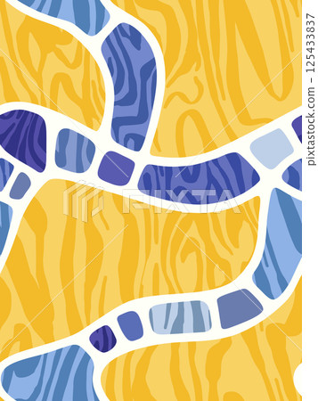 Vibrant summer stained glass pattern with flowing white lines and yellow and blue color palette 125433837