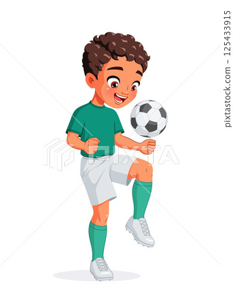 Happy young Arab boy in football player uniform kicking ball with knee. Cartoon vector illustration Happy young Arab boy in football player uniform kicking ball with knee. Cartoon vector illustration 125433915