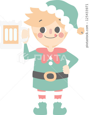 merry christmas and happy new year with cute little elf dwarf holding glass of beer, flat png illustration cartoon character costume design 125433971