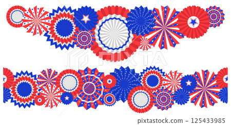 Set of United states patriotic bunting, rosette decoration elements. Seamless border for independence day decorations 125433985