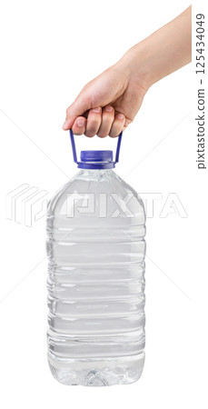 Big bottle of water 5 liters with male hand a on white background. Isolated 125434049
