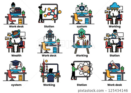 set of illustrations in the concept of office desks and business equipment in a line style set of illustrations in the concept of office desks and business equipment in a line style 125434146
