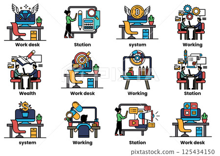 set of illustrations in the concept of office desks and business equipment in a line style 125434150