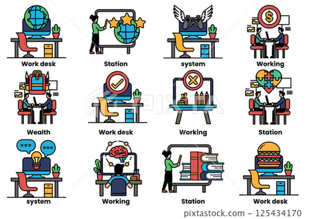 set of illustrations in the concept of office desks and business equipment in a line style set of illustrations in the concept of office desks and business equipment in a line style 125434170
