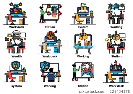 set of illustrations in the concept of office desks and business equipment in a line style set of illustrations in the concept of office desks and business equipment in a line style 125434178