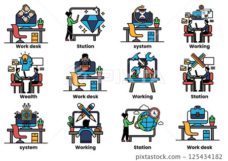 set of illustrations in the concept of office desks and business equipment in a line style 125434182