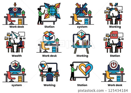 set of illustrations in the concept of office desks and business equipment in a line style set of illustrations in the concept of office desks and business equipment in a line style 125434184