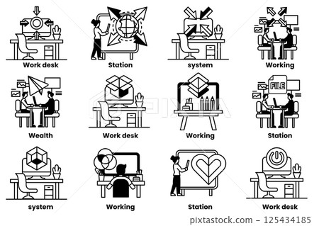 set of illustrations in the concept of office desks and business equipment in a line style set of illustrations in the concept of office desks and business equipment in a line style 125434185