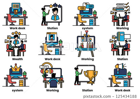set of illustrations in the concept of office desks and business equipment in a line style set of illustrations in the concept of office desks and business equipment in a line style 125434188