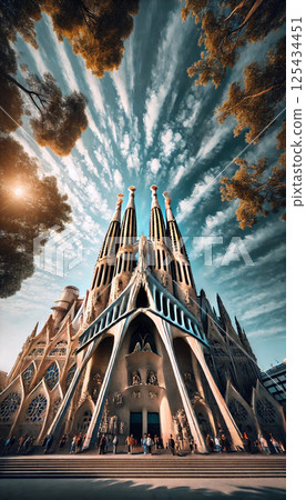 Sagrada Familia and its reflection on the water Sagrada Familia and its reflection on the water 125434451