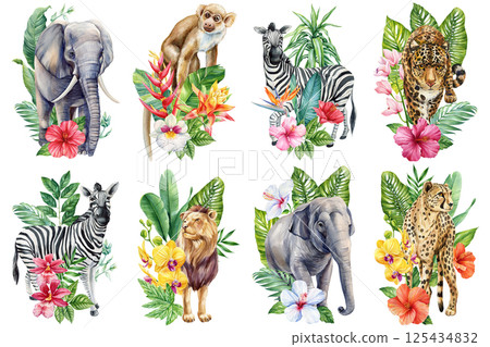 Watercolor African wild animals with tropical flowers and leaves, safari wildlife clipart, zebra elephant lion cheetah 125434832