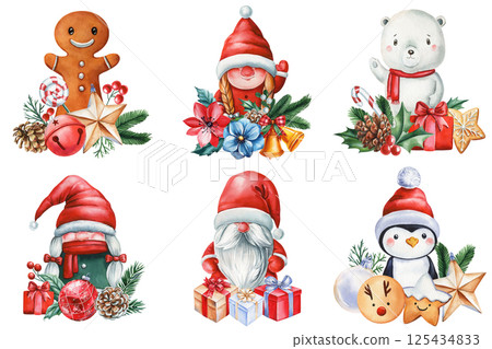 Watercolor Christmas clipart set with Santa gnomes, polar bear, penguin, gingerbread man holiday elements. Cute clipart 125434833
