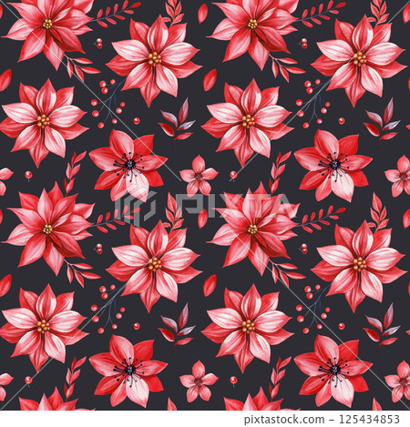 Watercolor Christmas seamless pattern with red poinsettia flowers, festive berries, leaves and twigs for design, print 125434853