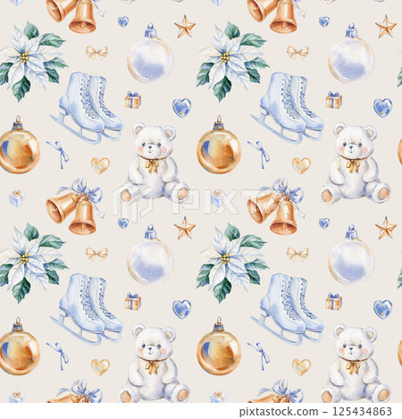 Watercolor seamless Christmas pattern with teddy bear, skates, baubles, bells, poinsettia and holiday elements design 125434863