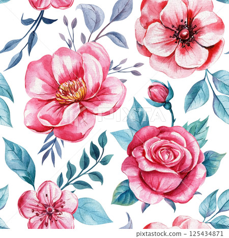 Watercolor seamless pattern with vibrant pink flowers and green leaves for design. Floral background for elegant design 125434871