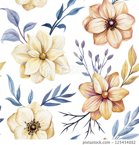 Watercolor seamless botanical pattern with beige flowers and soft blue leaves on white elegant background Watercolor seamless botanical pattern with beige flowers and soft blue leaves on white elegant background 125434882
