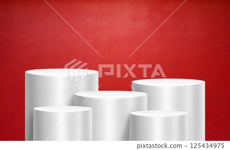 Set of white shelves in a studio room for product display, red background. Set of white shelves in a studio room for product display, red background. 125434975