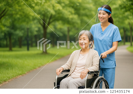 Nurse assisting wheelchair user in park/Home medical support Nurse assisting wheelchair user in park/Home medical support 125435174